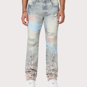 Grindhouse Straight Fit Flame Mechanical Distressed Denim Jeans