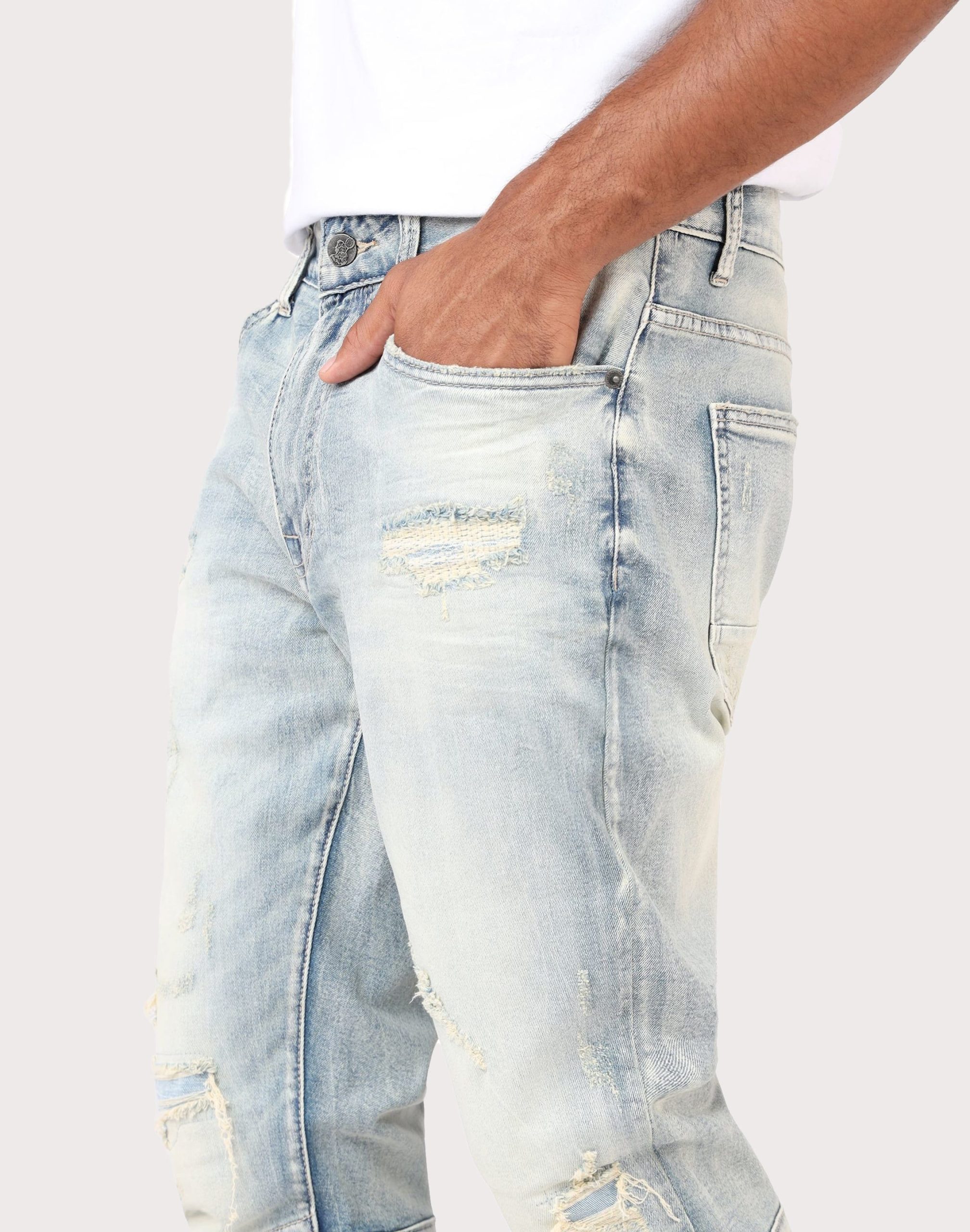 Grindhouse Slim Fit Taper Distressed Vintage Denim Jeans - Image 8
