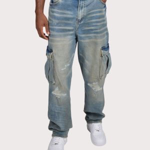 Crysp Denim Station Distressed Straight Fit Cargo Jeans