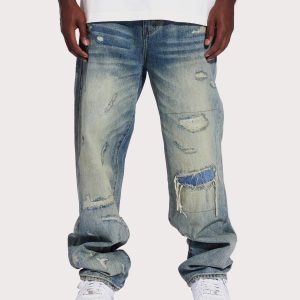 THE LEVERAGE Pacific Straight Fit Distressed Denim Jeans