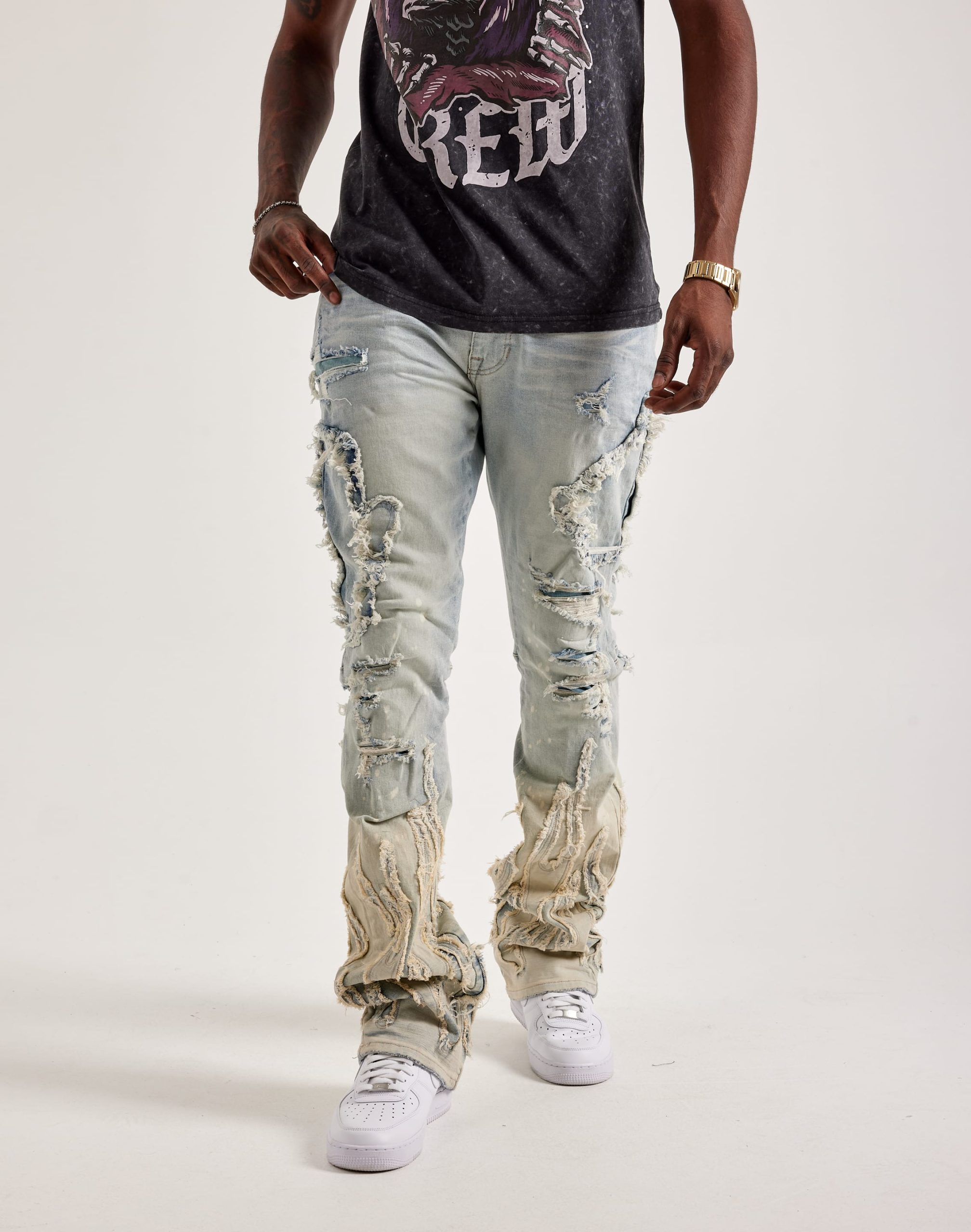 Smoke Rise Flame Rip & Repair Distressed Stacked Denim Jeans