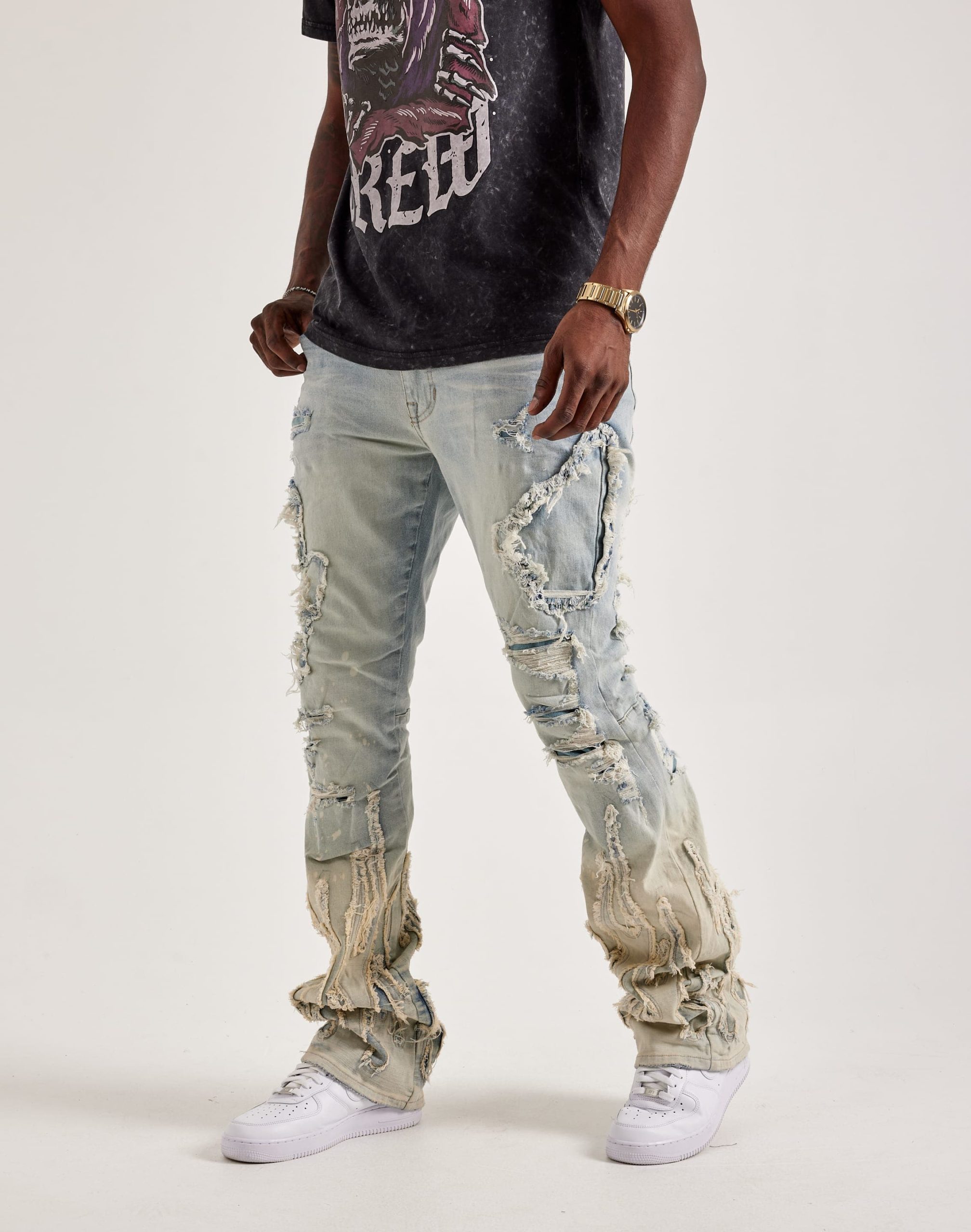 Smoke Rise Flame Rip & Repair Distressed Stacked Denim Jeans - Image 2