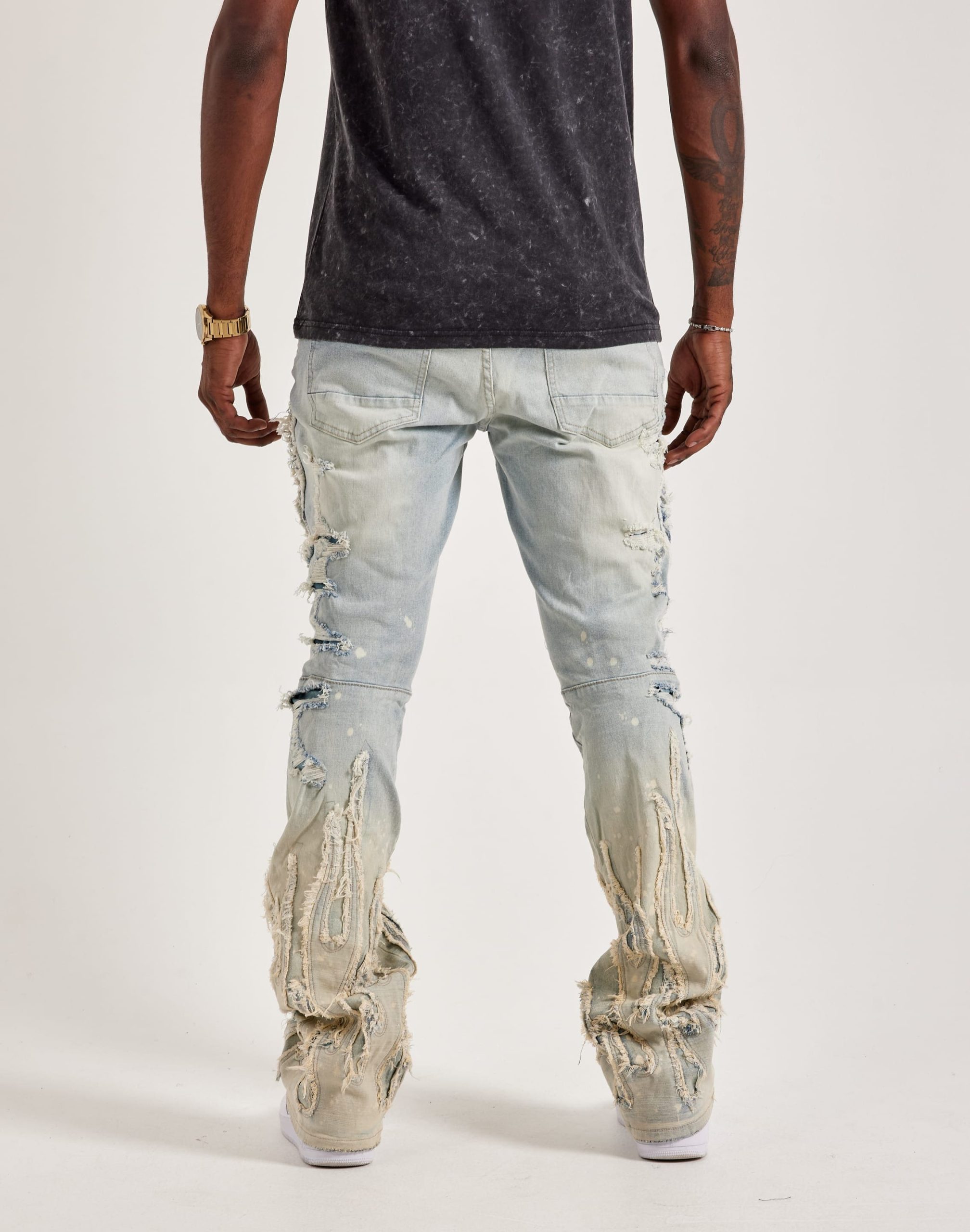 Smoke Rise Flame Rip & Repair Distressed Stacked Denim Jeans - Image 4