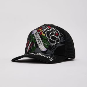 Ed Hardy Black Rose Rhinestone Trucker Hat