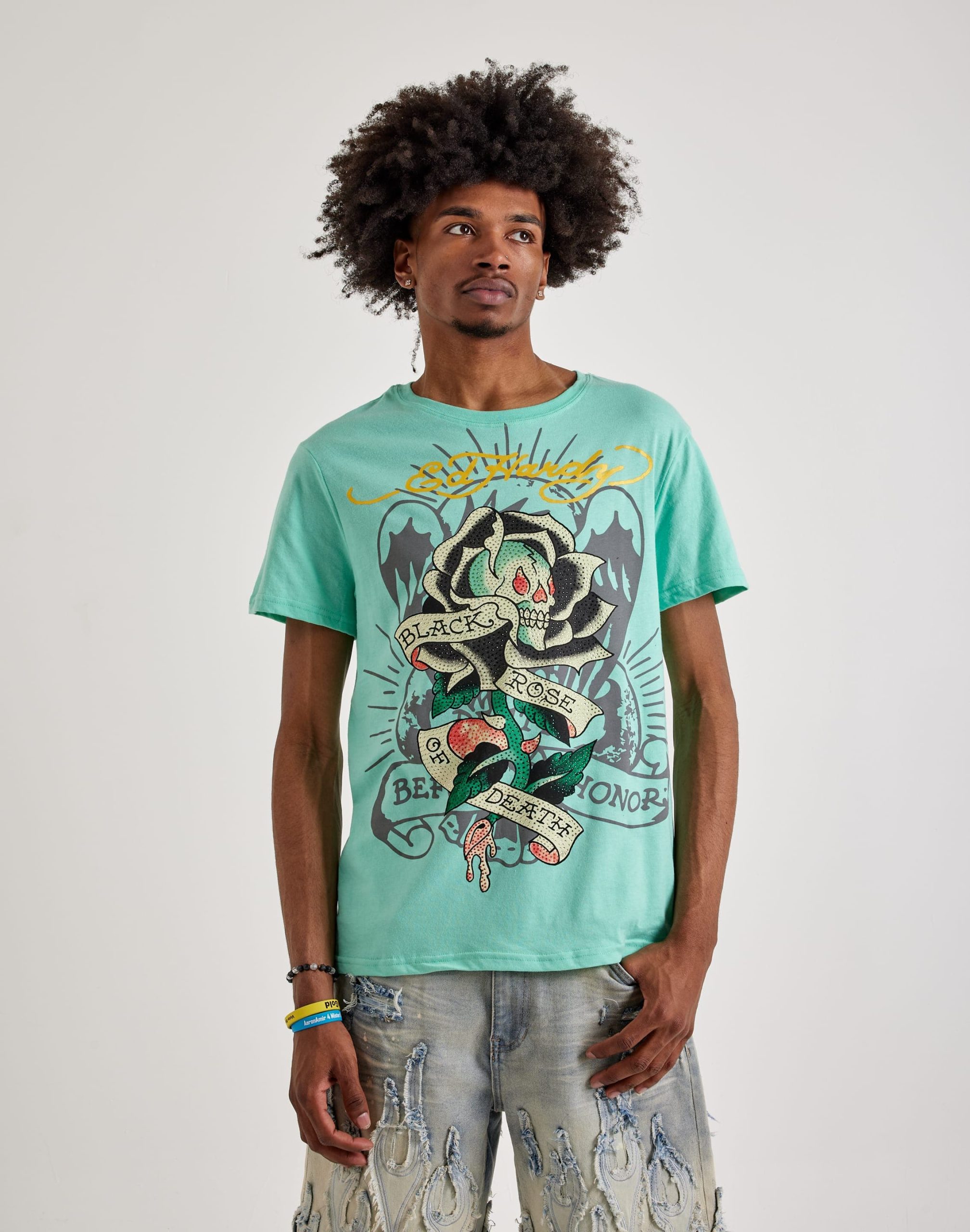 Ed Hardy Black Rose Rhinestone Short Sleeve Tee