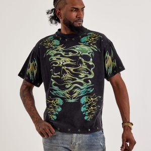 First Row Skull Flames Studded Tee