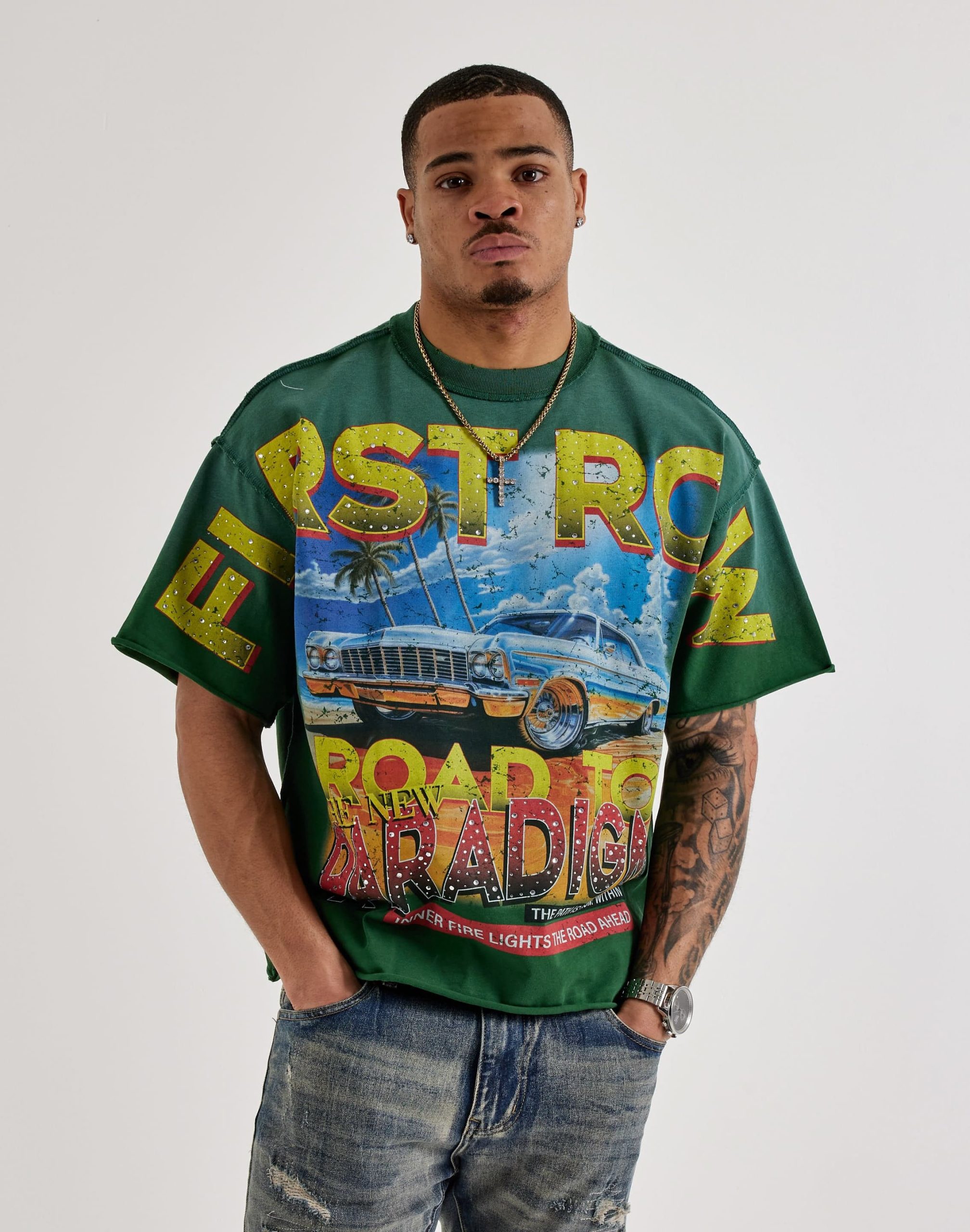First Row Cropped Road Rhinestone Tee