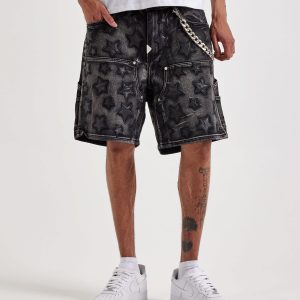 Guapi PU Stars Chain Denim Shorts