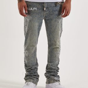 Guapi Stacked Distressed Cross Rhinestone Denim Jeans