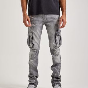 Jordan Craig Stacked Flare Distressed Cargo Denim Jeans