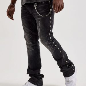 Kilogram Silver Cross Chain Rivet Stacked Denim Jeans
