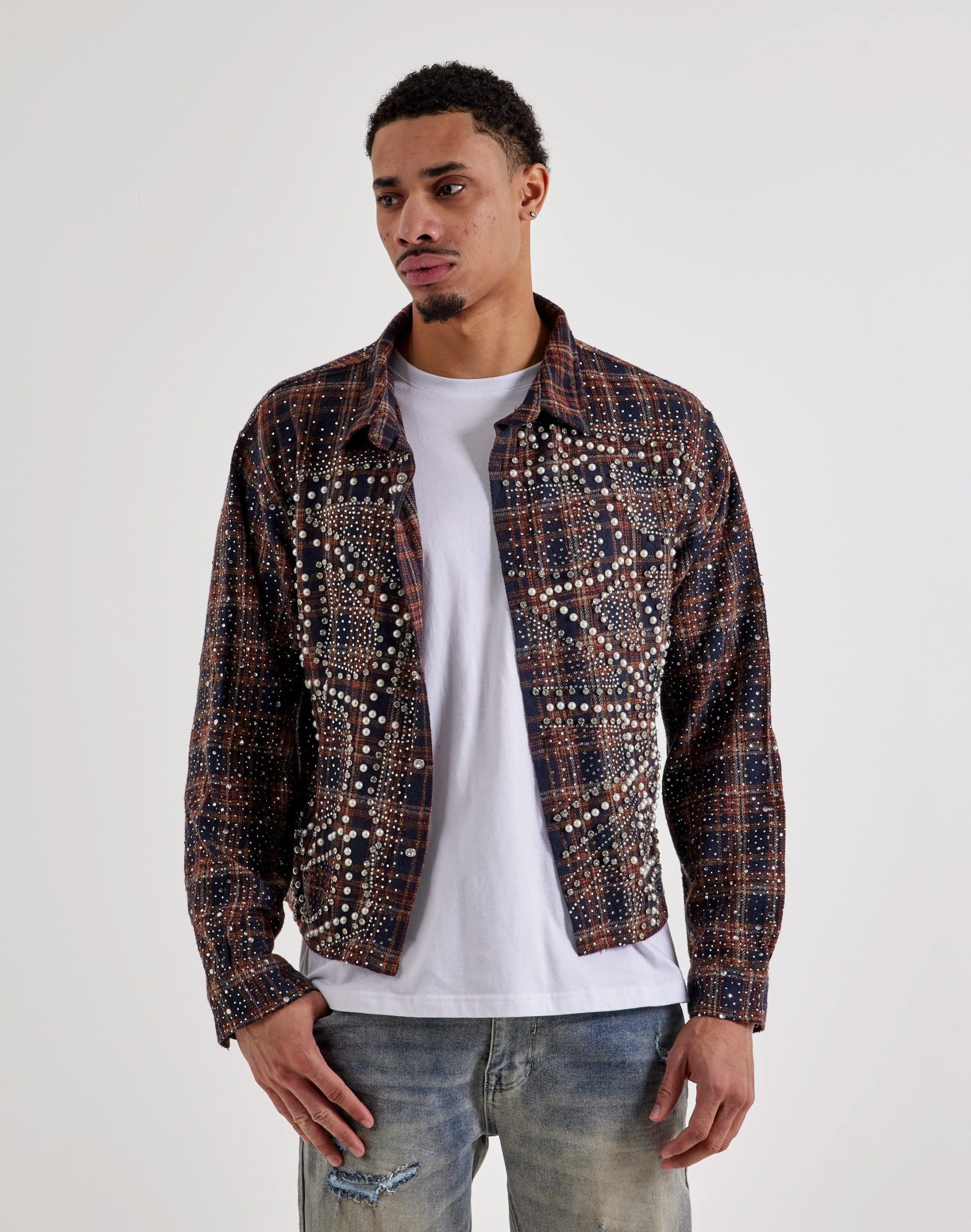 KINDRED CLOTHING Studded Plaid Cropped Shirt Jacket