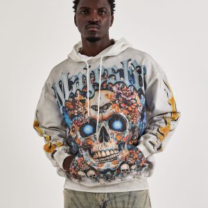 Majestik Floral Skull Rhinestone Fleece Hoodie
