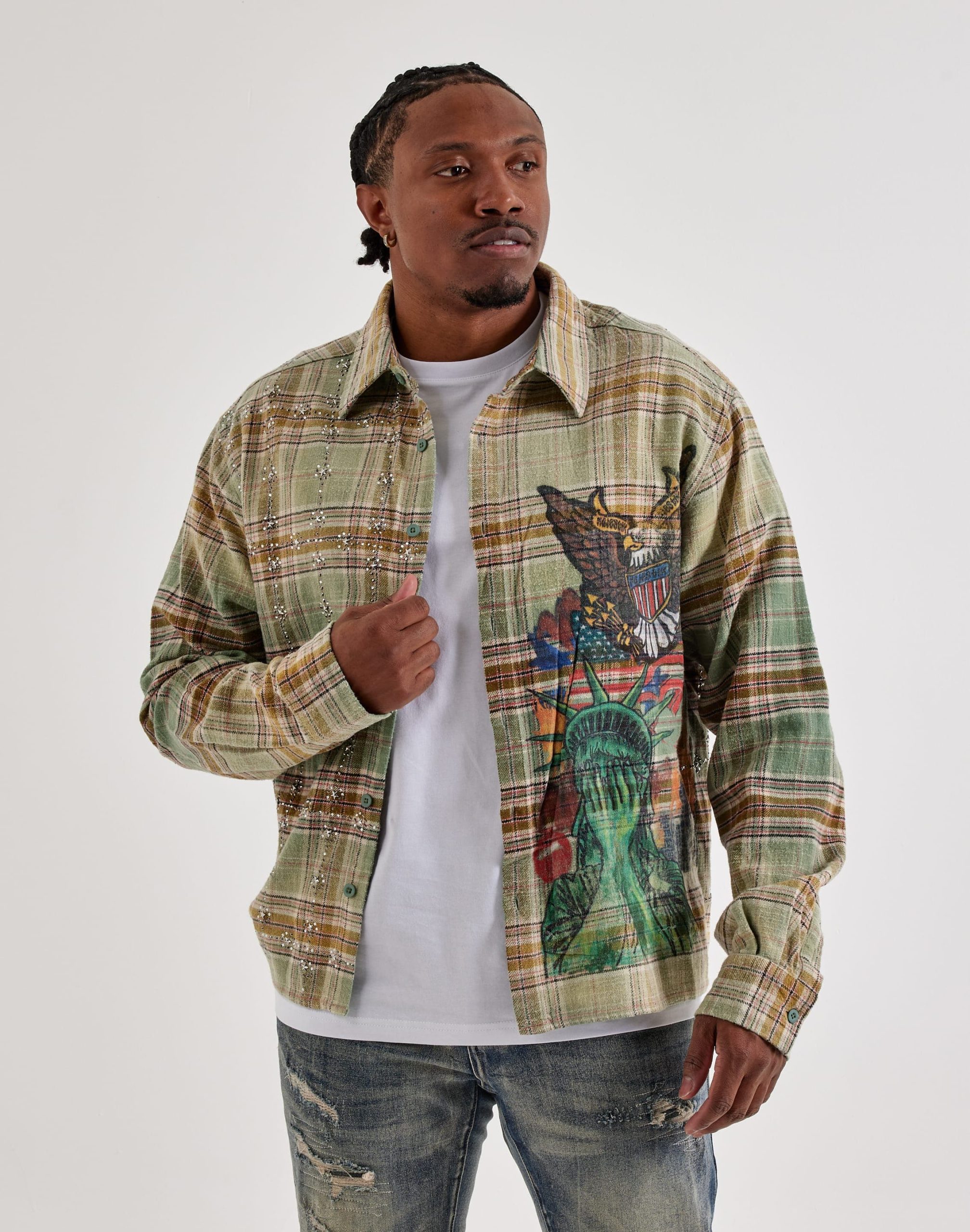 Majestik Eagle Allover Rhinestone Flannel Shirt