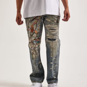Preme Printed Chain Slim Distressed Denim Jeans