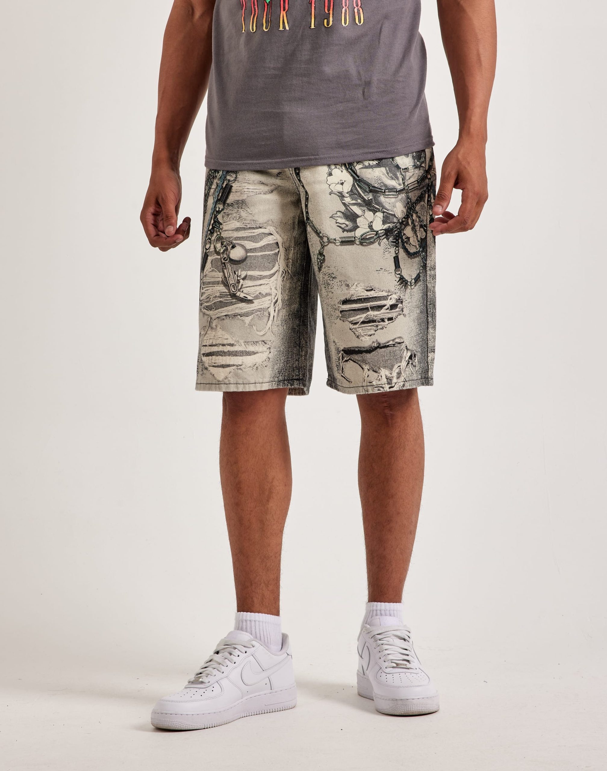 Preme Printed Chain Distressed Denim Shorts - Image 2