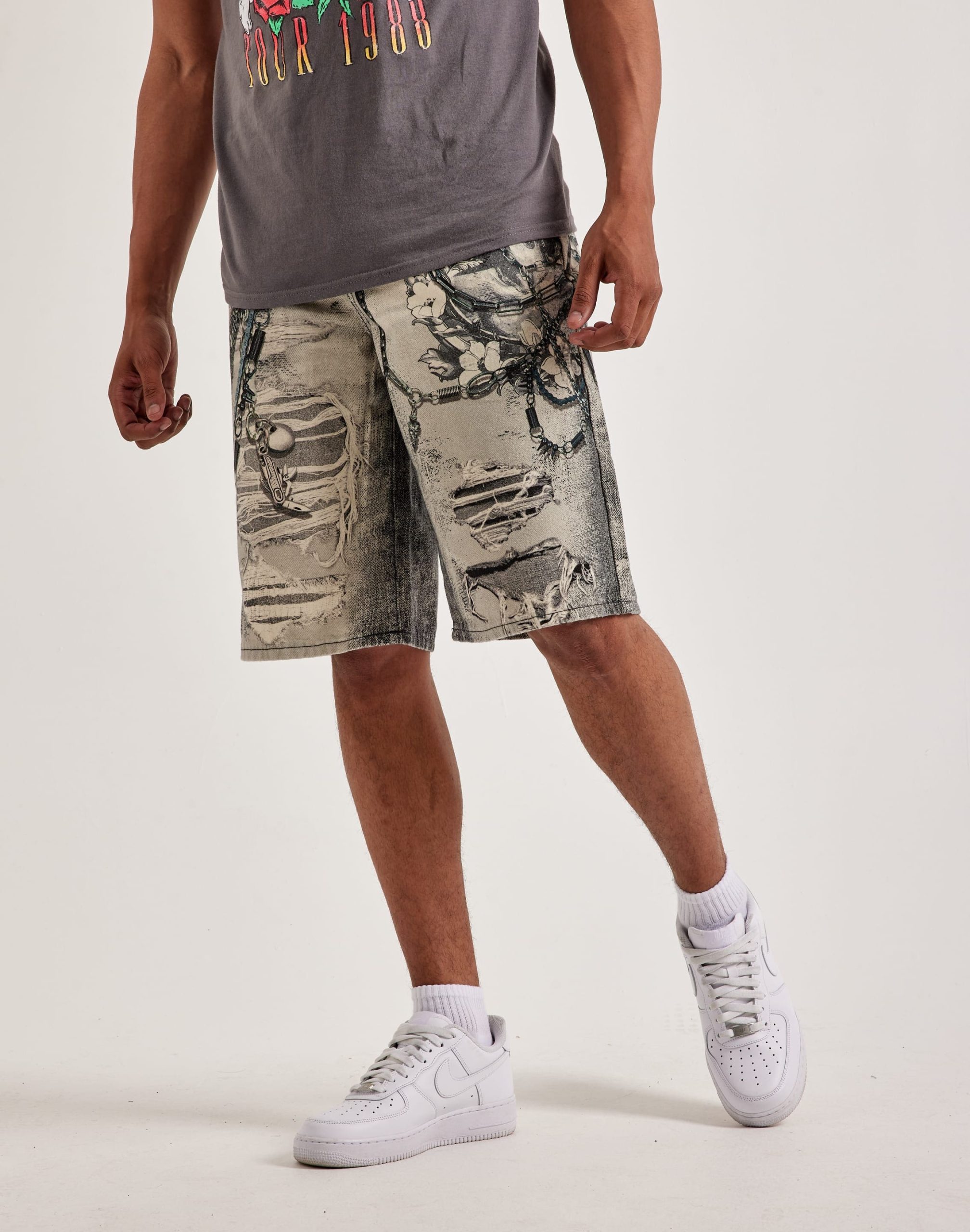 Preme Printed Chain Distressed Denim Shorts