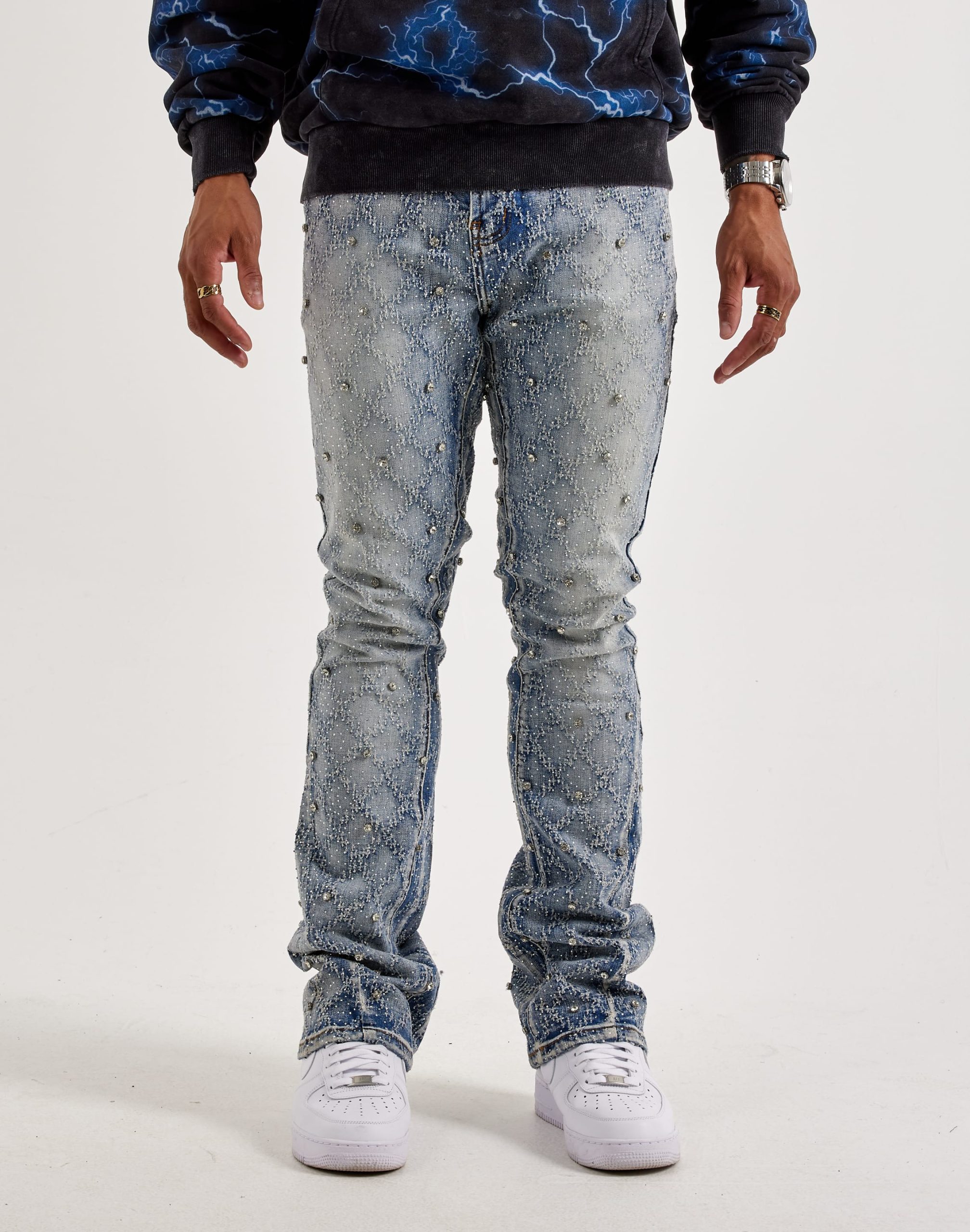 Preme Diamond Rhinestone Slim Denim Jeans - Image 2