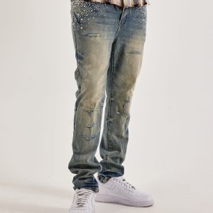 Preme Stacked Rhinestone Distressed Denim Jeans