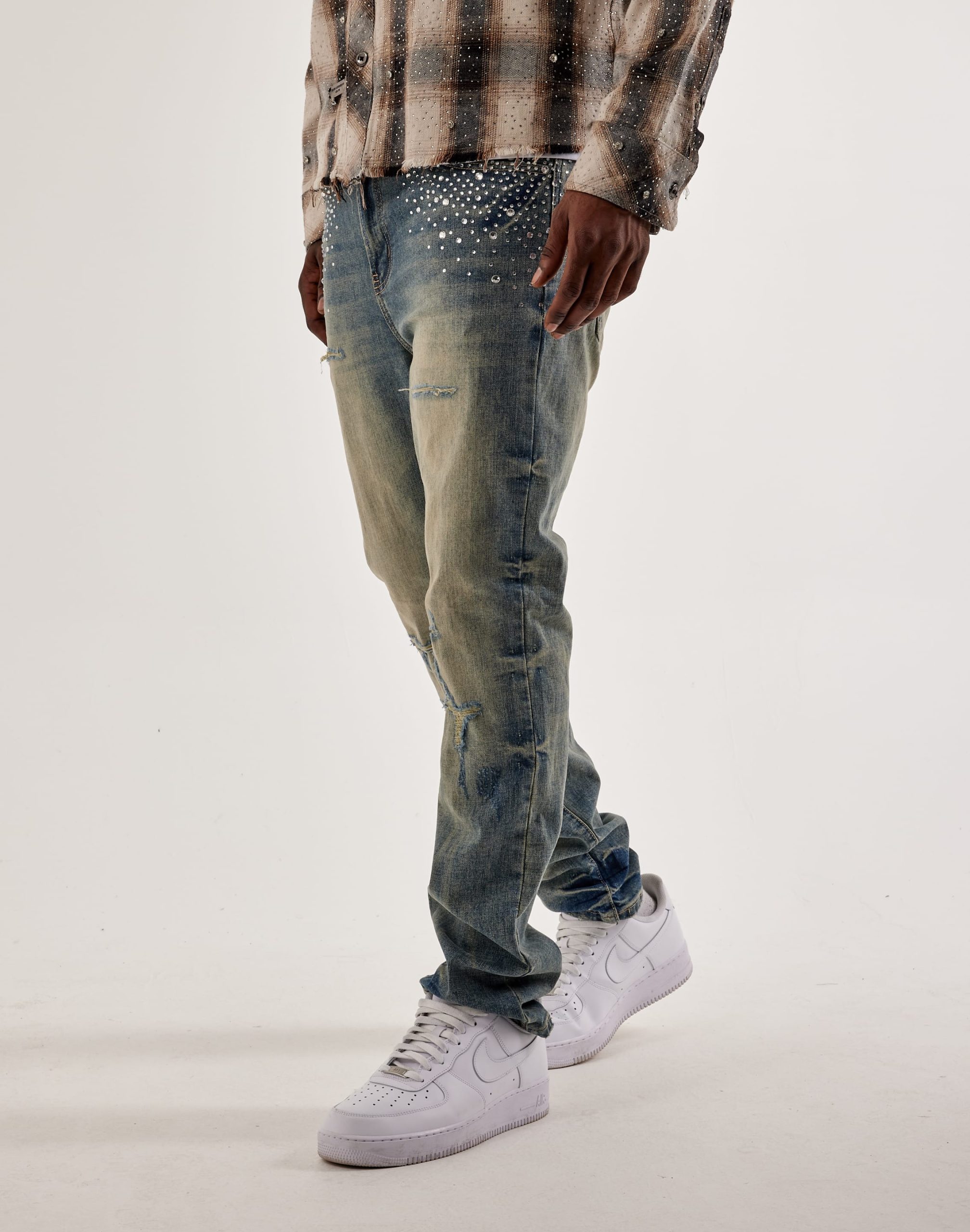 Preme Stacked Rhinestone Distressed Denim Jeans - Image 3