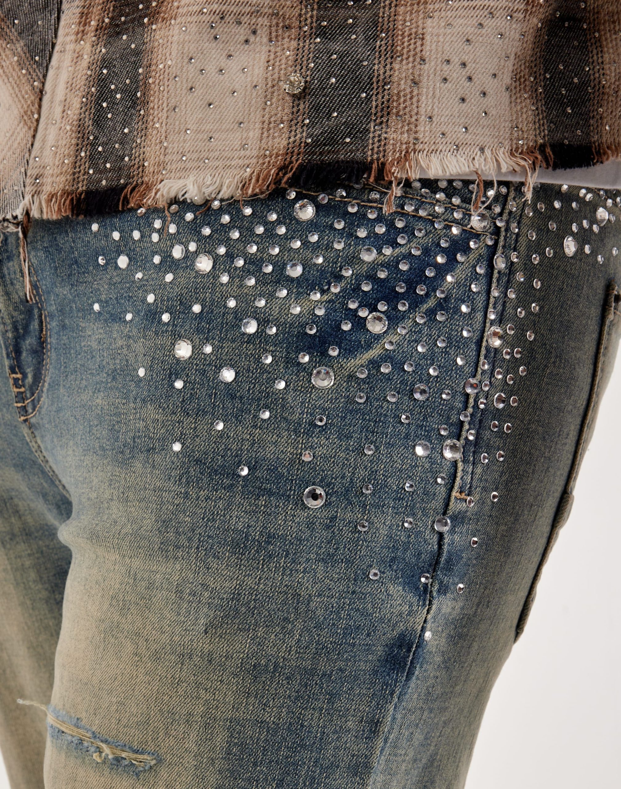 Preme Stacked Rhinestone Distressed Denim Jeans - Image 2