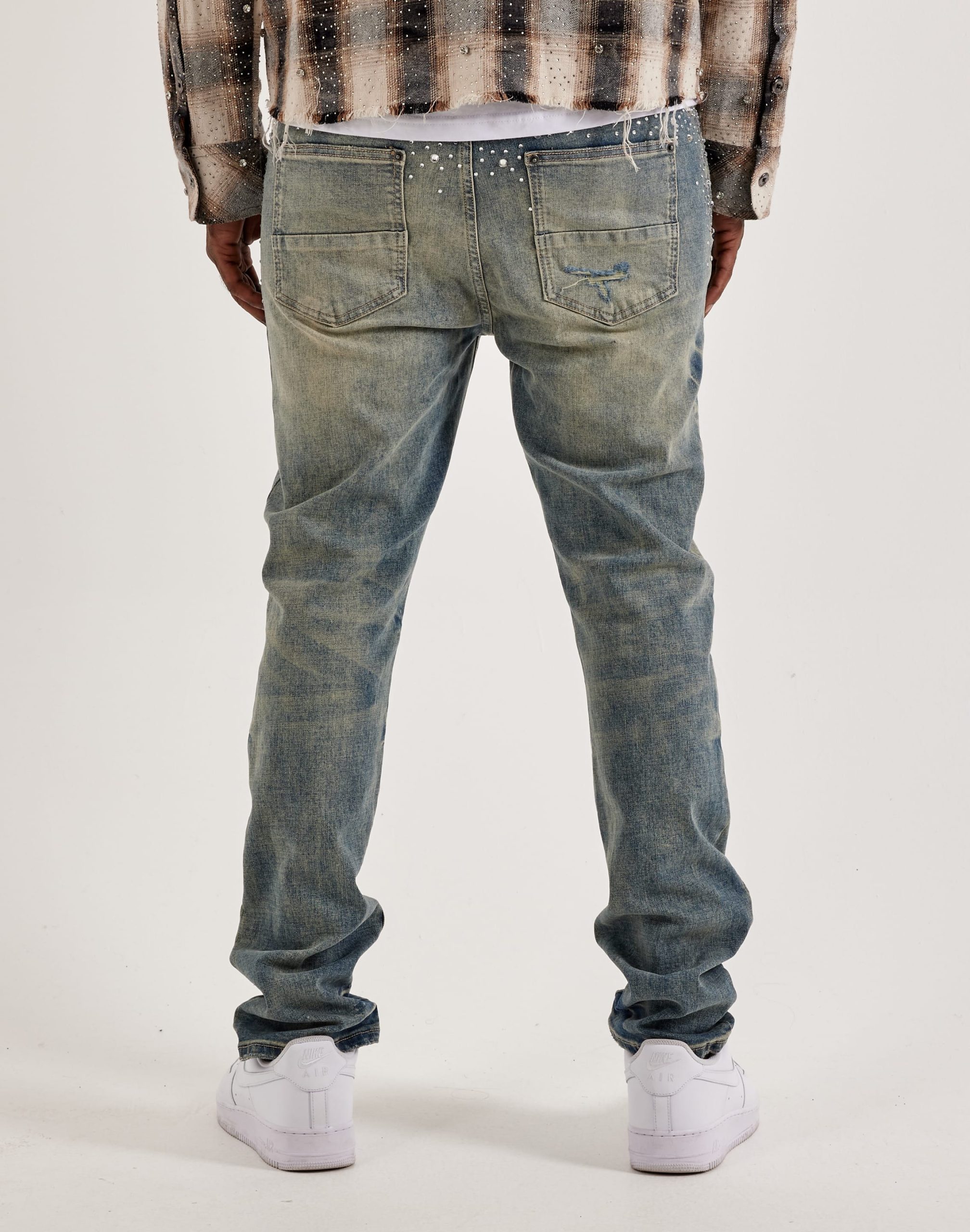 Preme Stacked Rhinestone Distressed Denim Jeans - Image 4