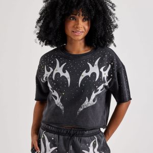 Red Fox Vintage Wash French Terry Rhinestone Cropped Tee