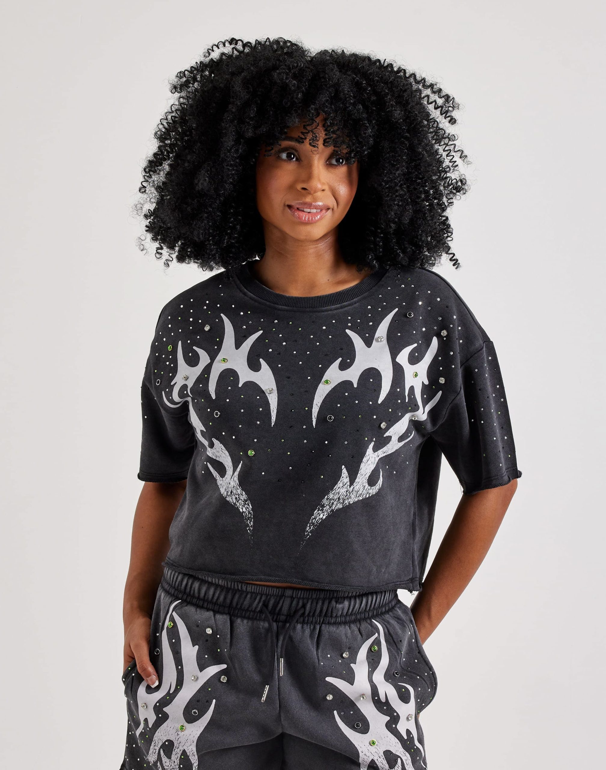 Red Fox Vintage Wash French Terry Rhinestone Cropped Tee