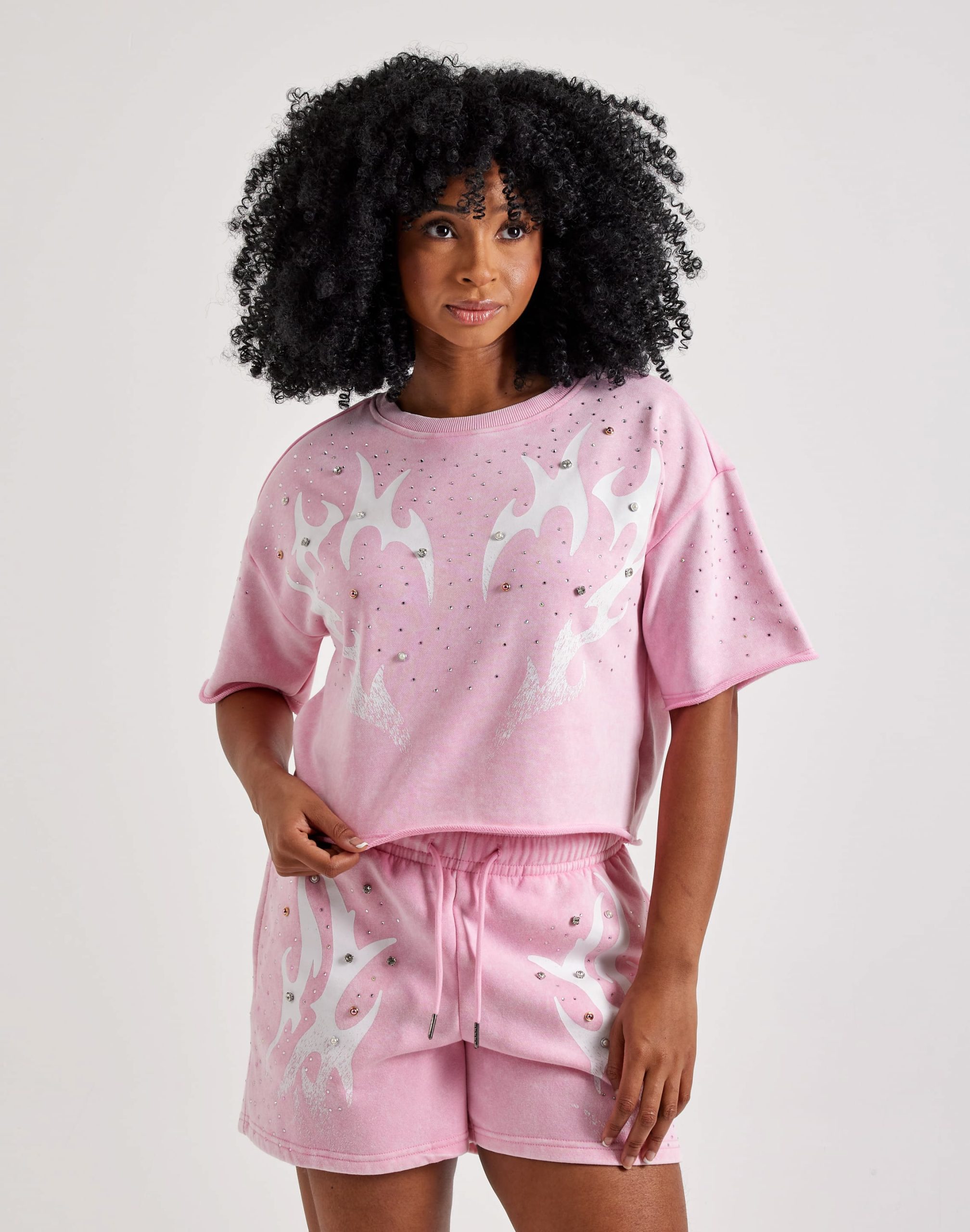 Red Fox Vintage Wash French Terry Rhinestone Cropped Tee