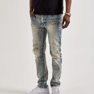 Smoke Rise Wave Effect Distressed Slim Denim Jeans