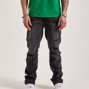 Smoke Rise Wave Effect Straight Distressed Denim Jeans