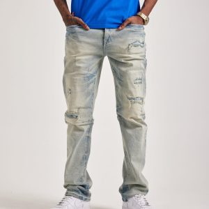 Smoke Rise Wave Effect Distressed Straight Denim Jeans