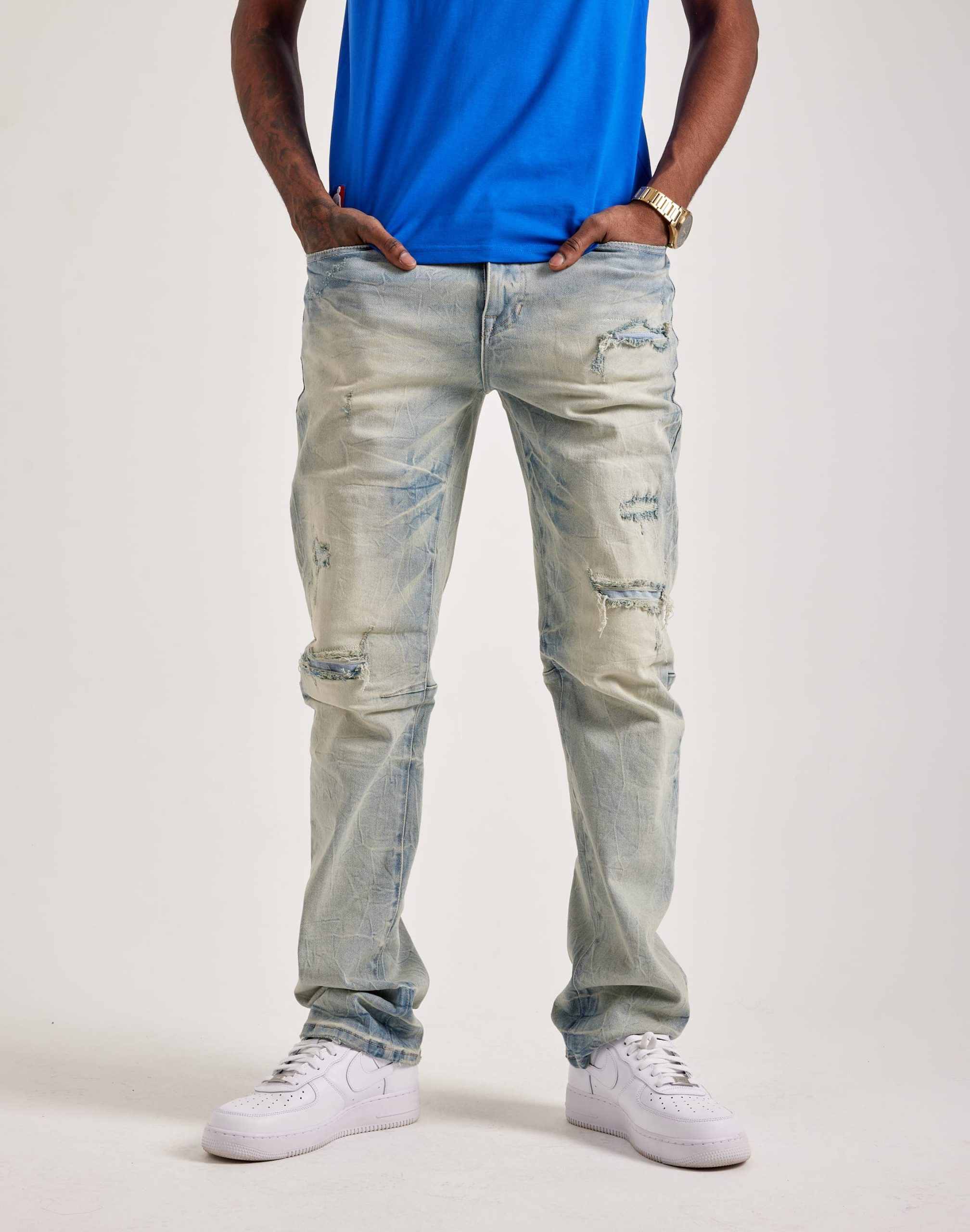 Smoke Rise Wave Effect Distressed Straight Denim Jeans