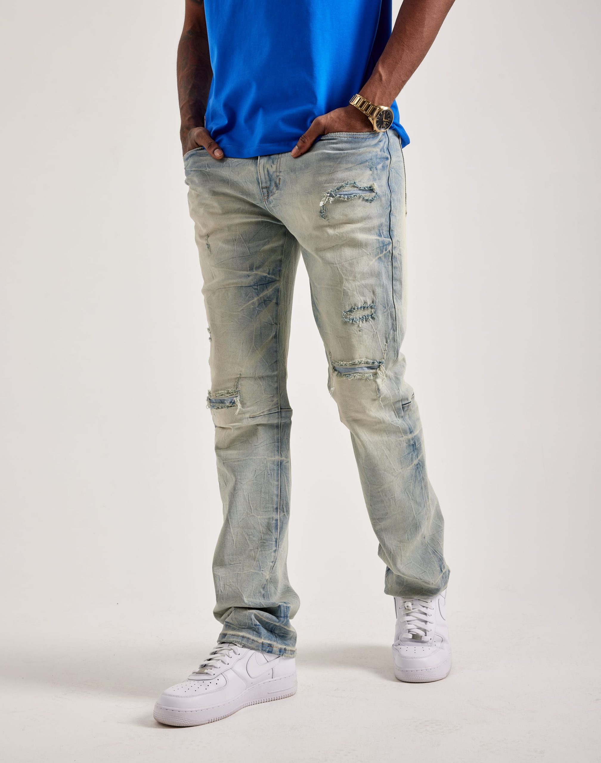 Smoke Rise Wave Effect Distressed Straight Denim Jeans - Image 2