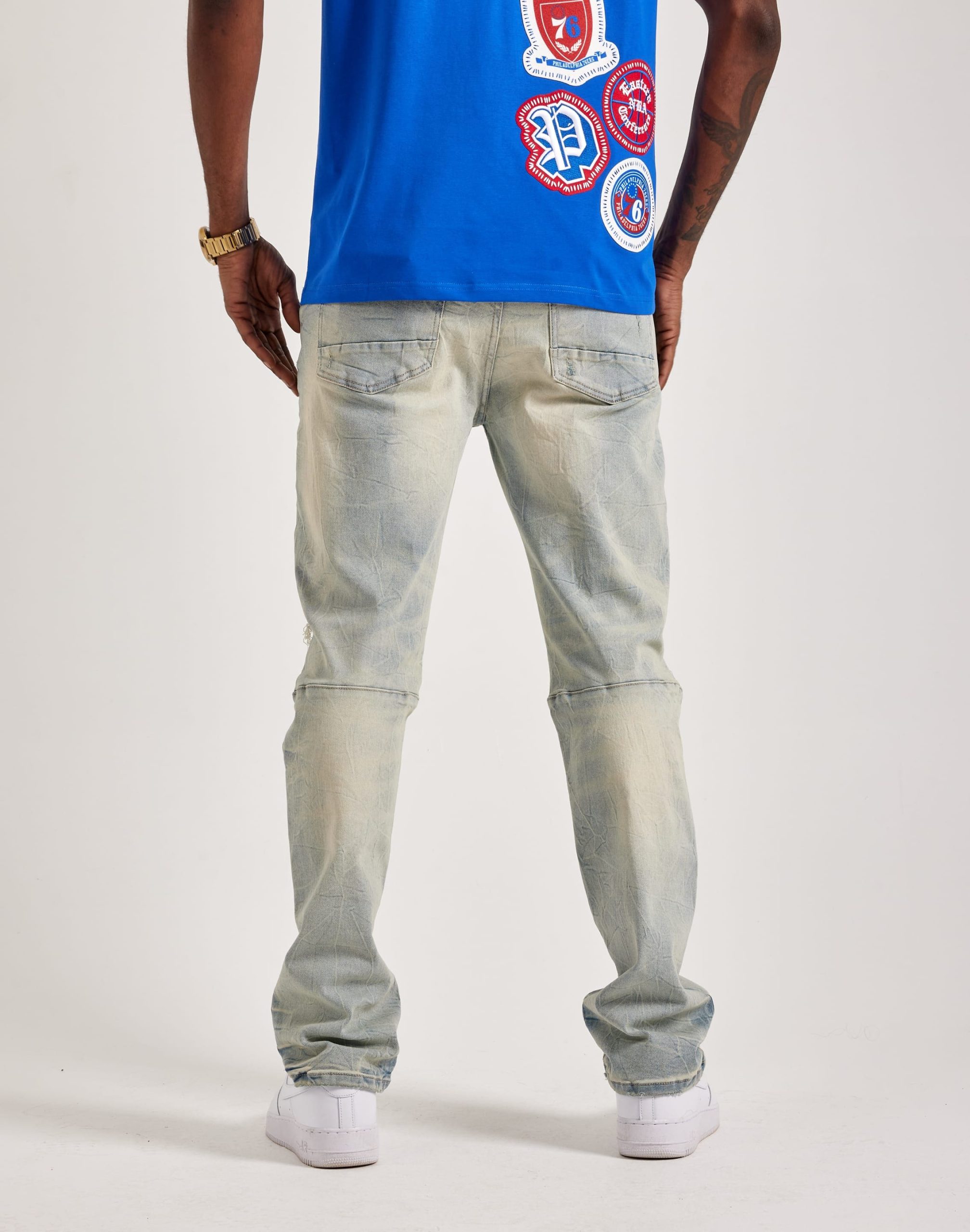 Smoke Rise Wave Effect Distressed Straight Denim Jeans - Image 3