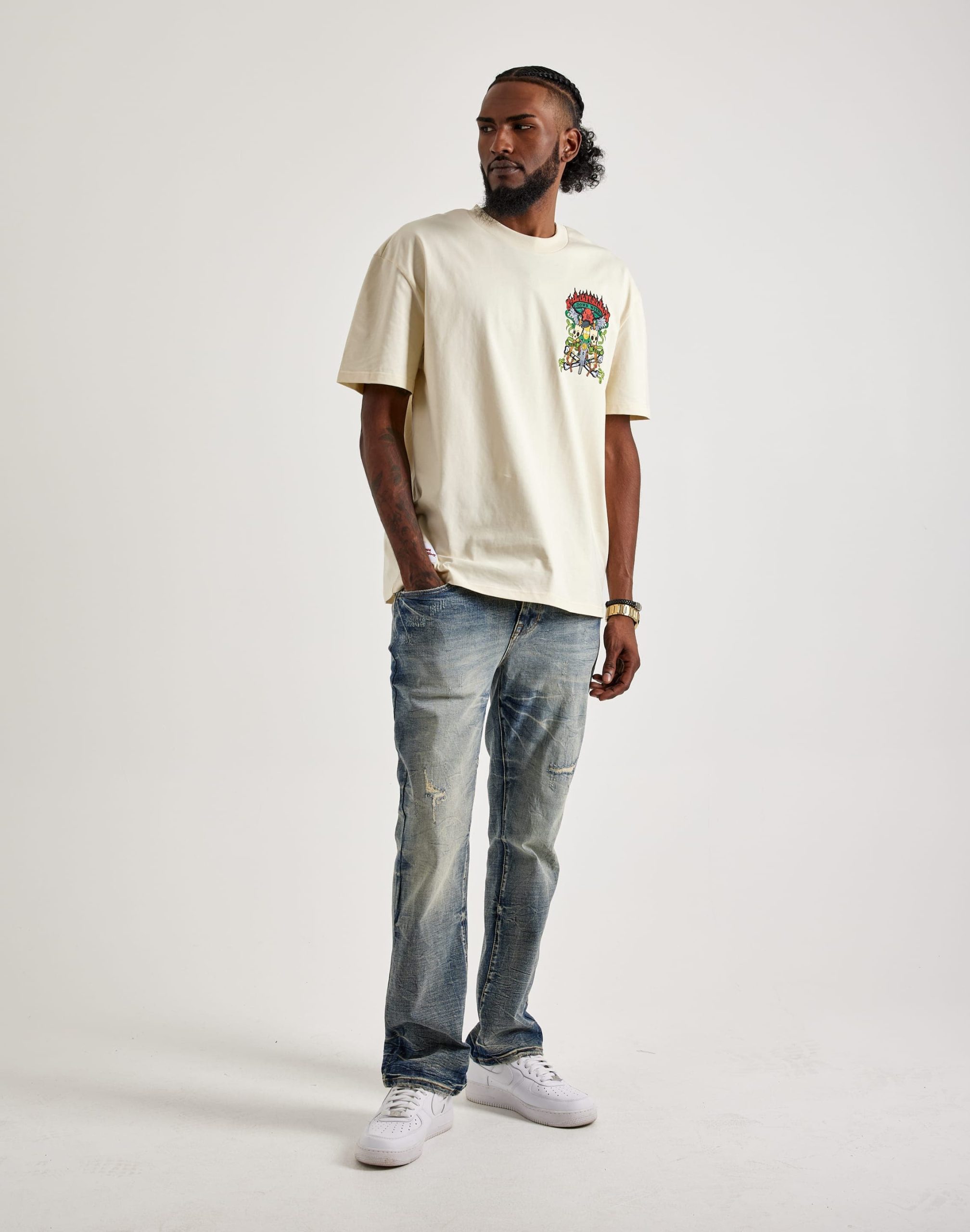Smoke Rise Wave Effect Distressed Straight Denim Jeans - Image 5