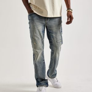 Smoke Rise Wave Effect Distressed Straight Denim Jeans