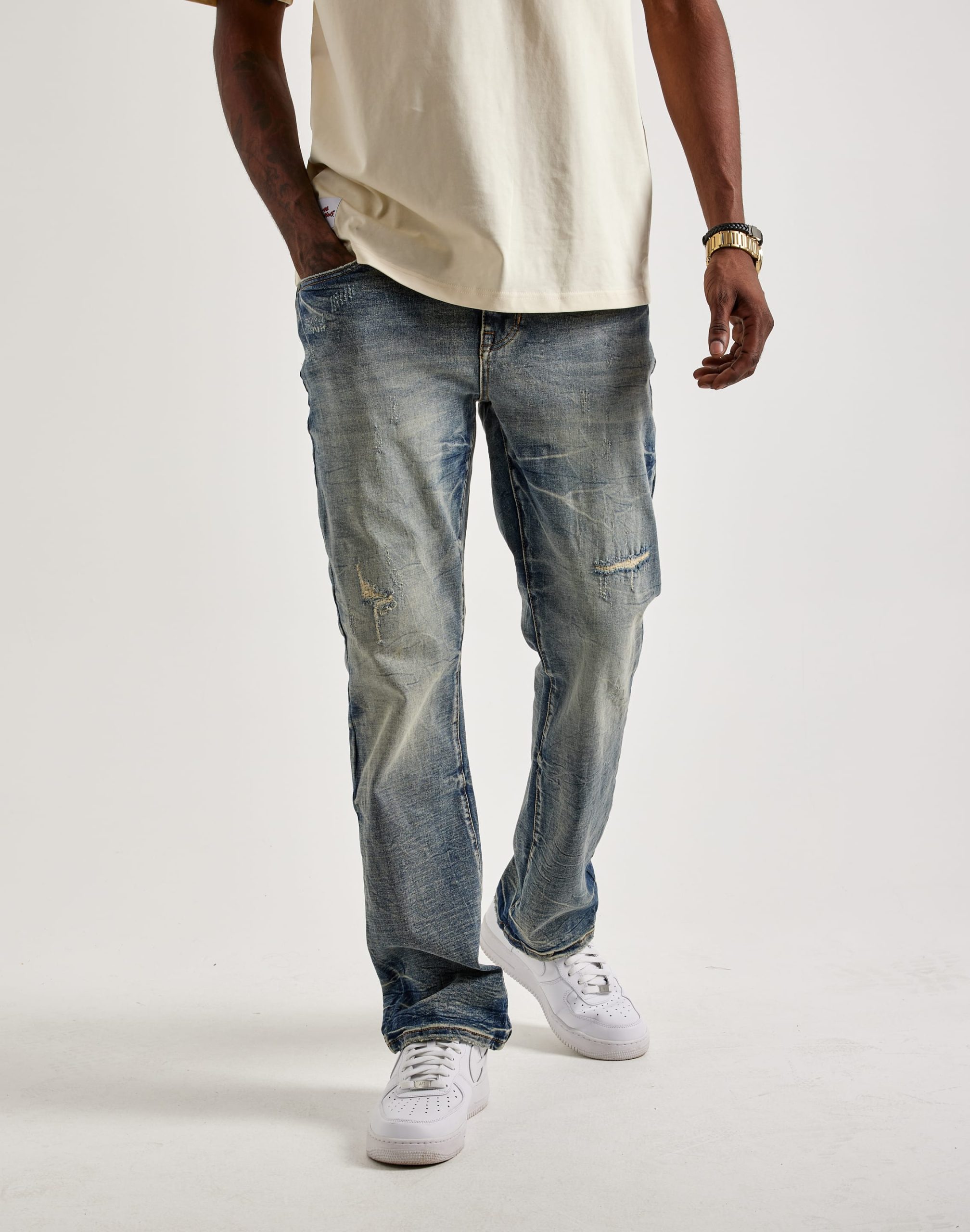 Smoke Rise Wave Effect Distressed Straight Denim Jeans