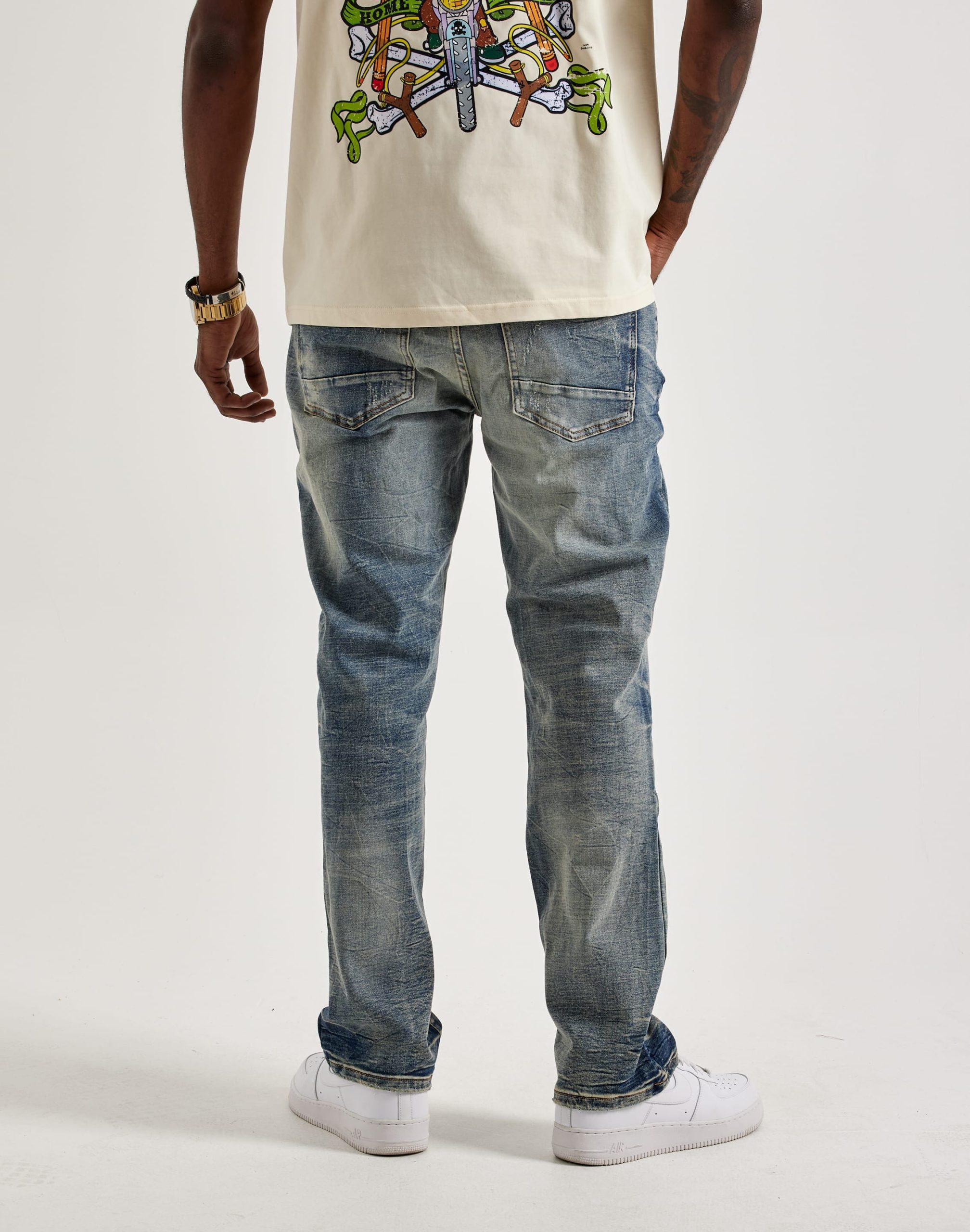 Smoke Rise Wave Effect Distressed Straight Denim Jeans - Image 3