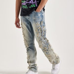 Smoke Rise Frayed Applique Distressed Stacked Flared Denim Jeans