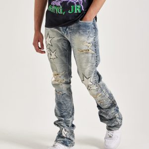 Smoke Rise Studded Star Distressed Stacked Flare Denim Jeans