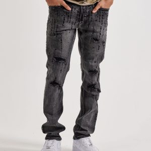 Smuggler's Moon Rhinestone Slim Distressed Denim Jeans