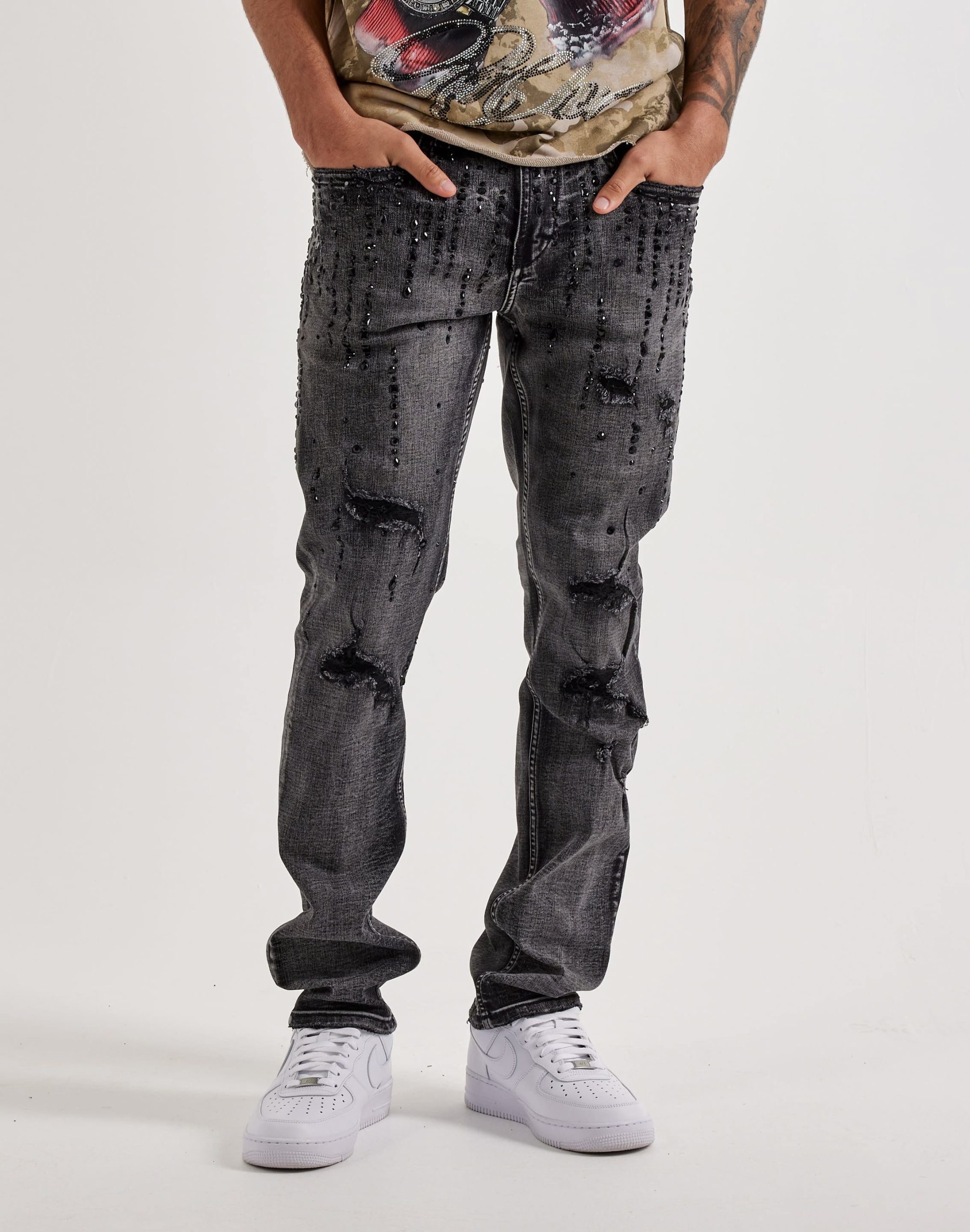 Smuggler's Moon Rhinestone Slim Distressed Denim Jeans