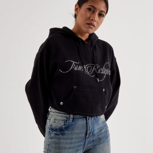 True Religion Crystal Cropped Relaxed Fleece Hoodie