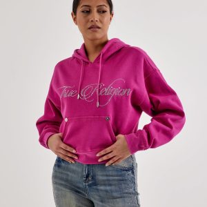 True Religion Crystal Cropped Relaxed Fleece Hoodie