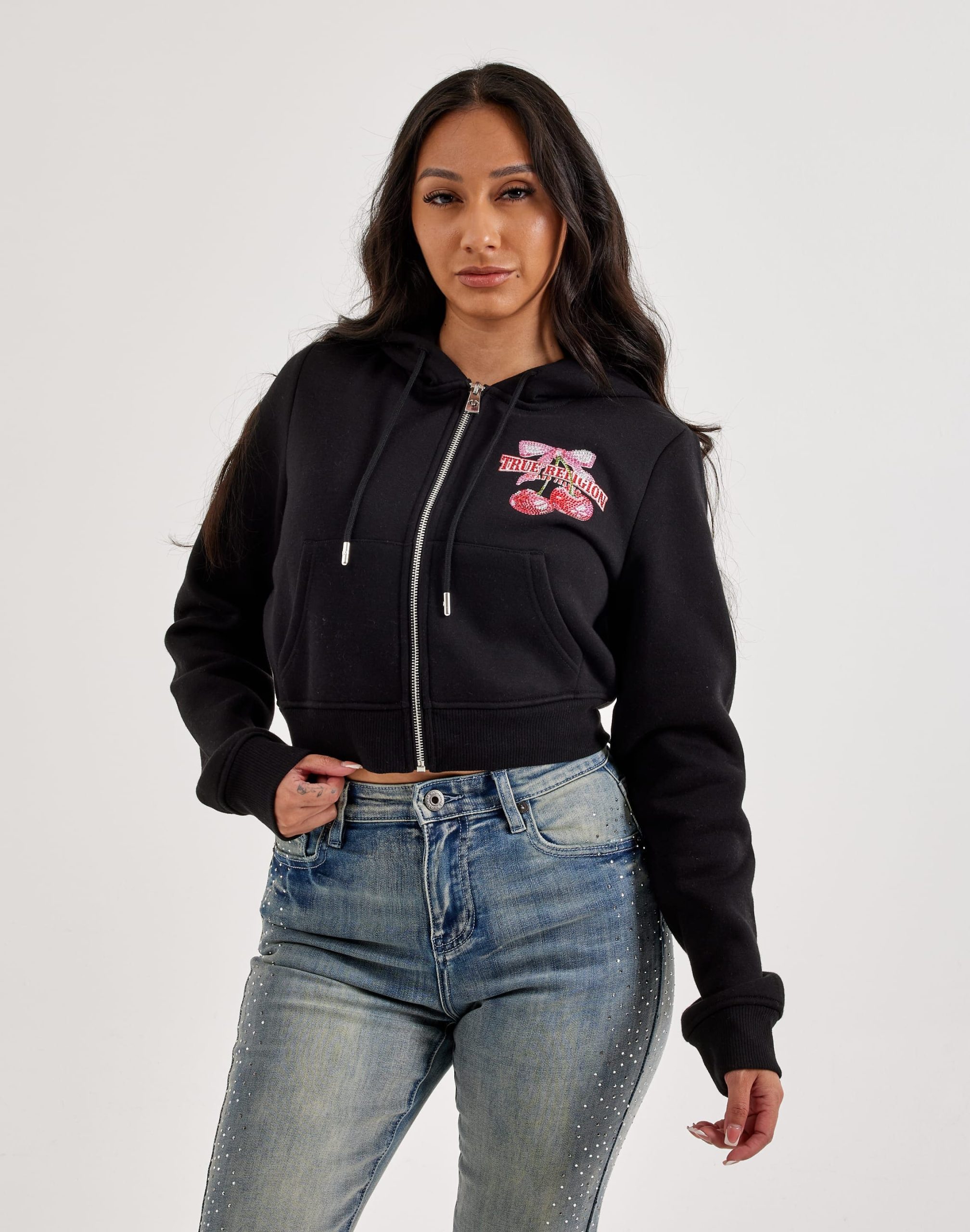 True Religion Cherry Shrunken Full-Zip Fleece Hoodie