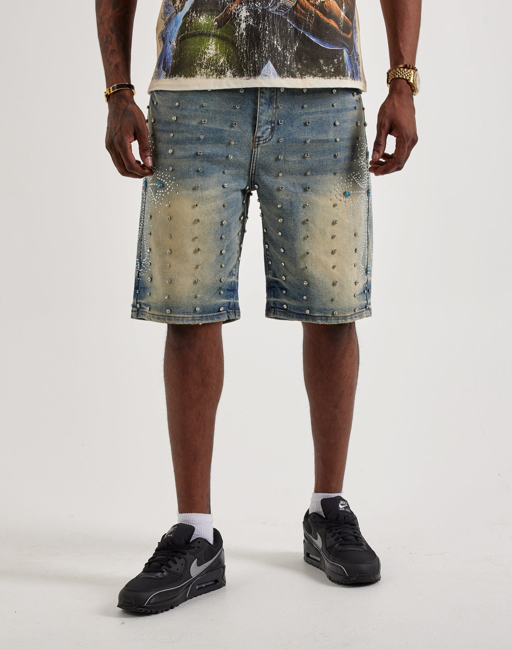 Vicious Denim Rhinestone Cross Denim Shorts