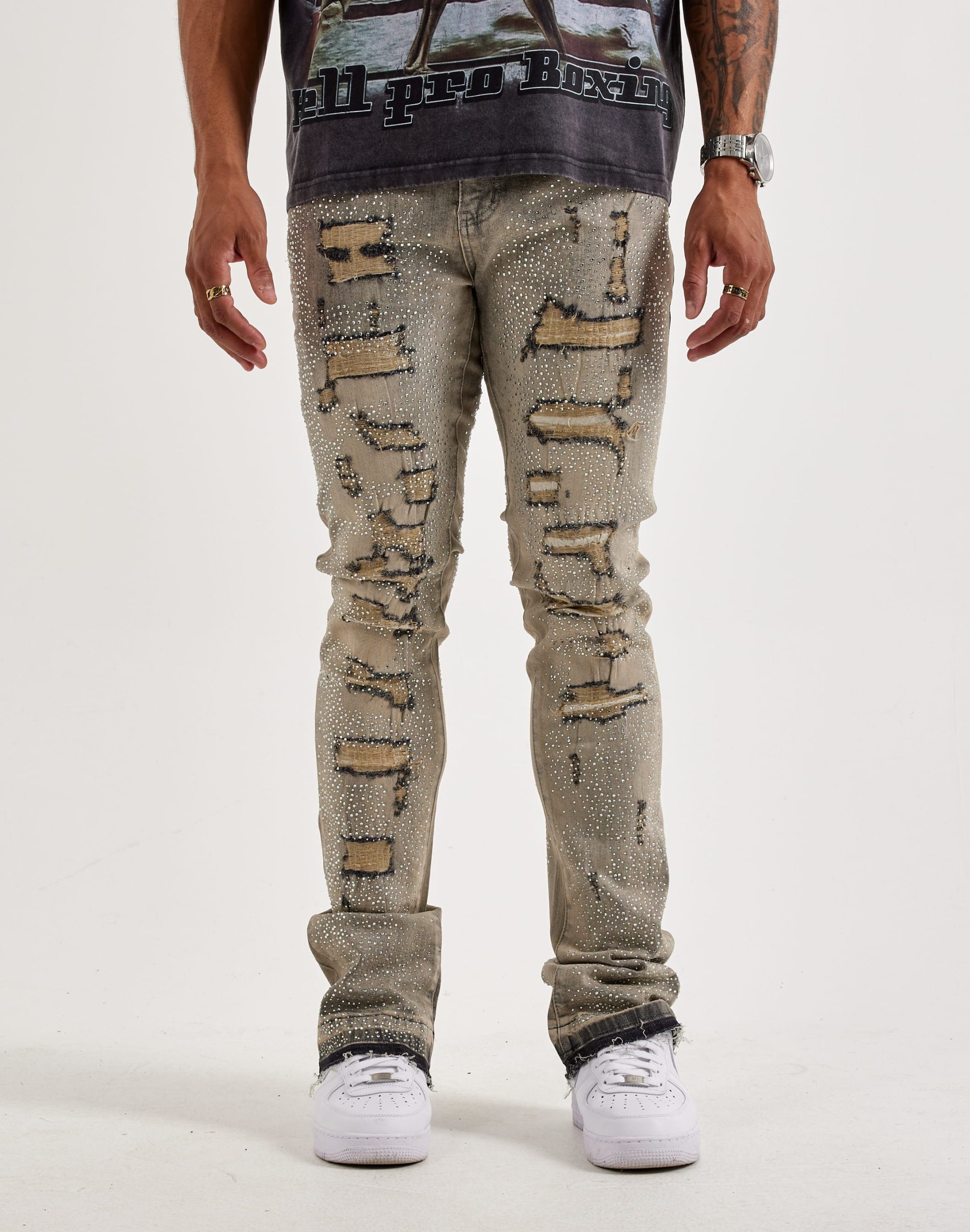 WAIMEA Stacked Rhinestone Distressed Denim Jeans