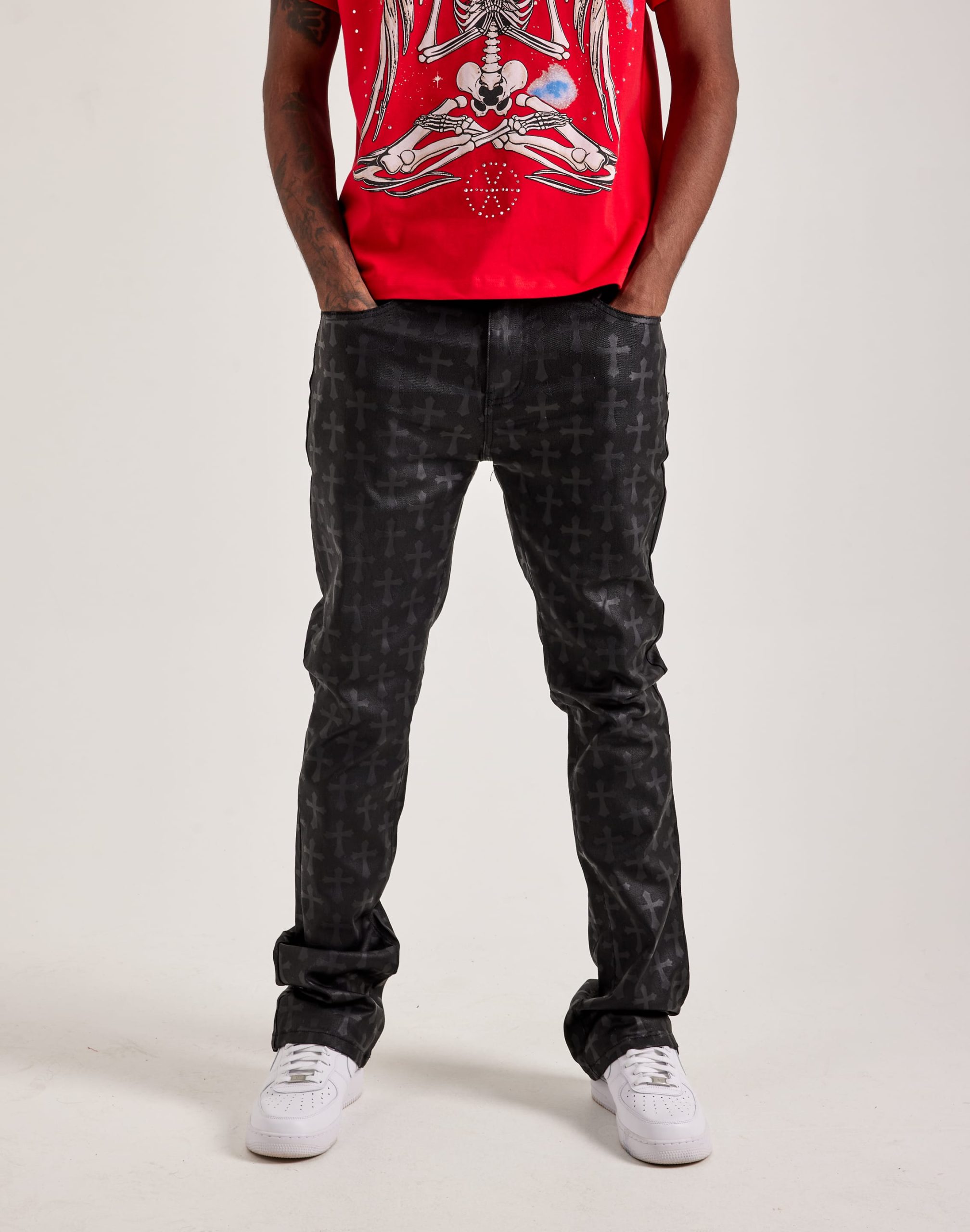 WAIMEA Stacked Coated Distressed Flare Denim Jeans