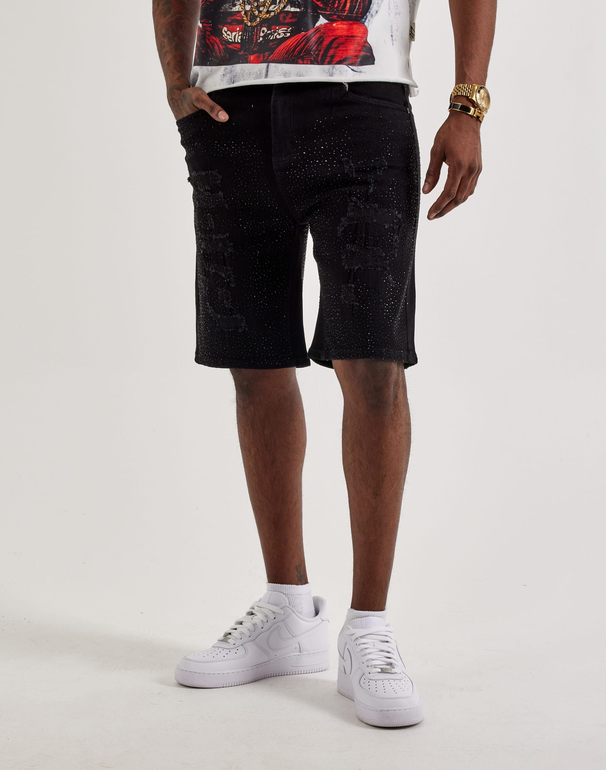 WAIMEA Distressed Rhinestone Denim Shorts